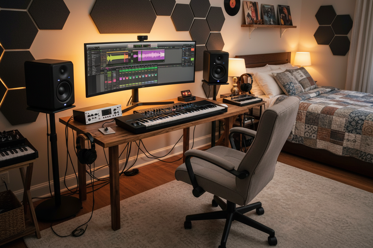 a bedroom music production studio